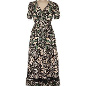 Fat Face UK 6 Floral Patterned short sleeve v-neck Maxi Dress boho paisley green
